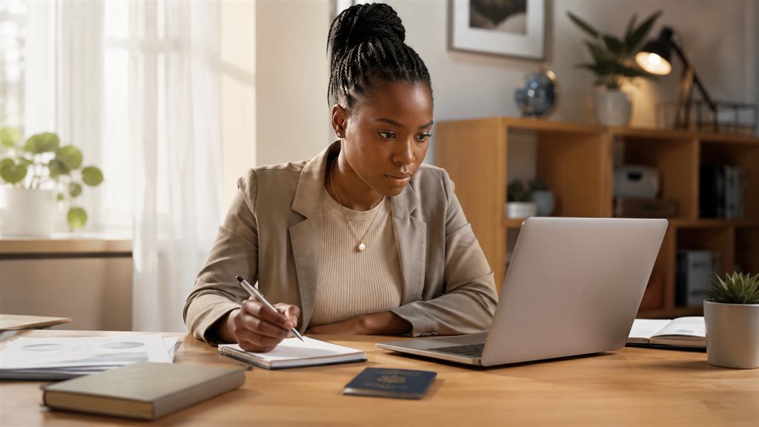 Applicant working on documents on a laptop