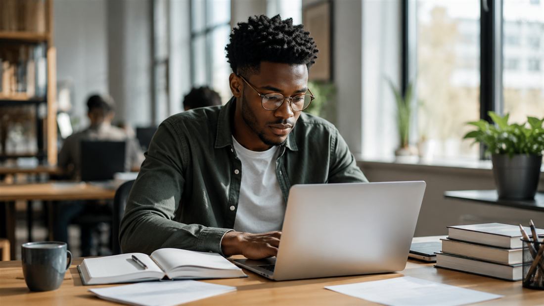 Applicant writing an admissions statement on a laptop