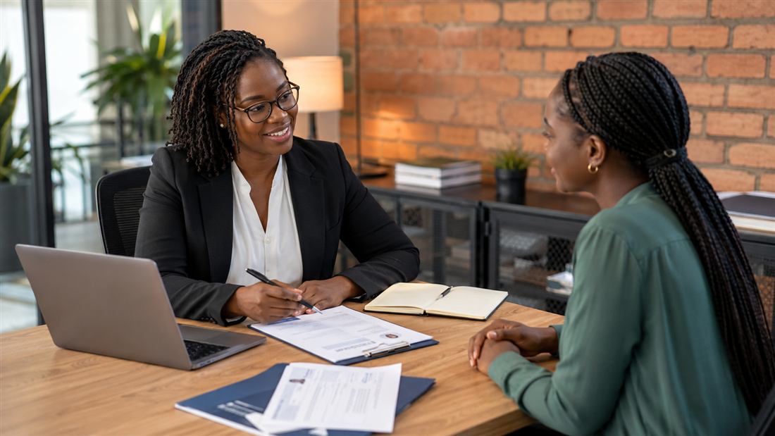 Professional consulting session with career documents on a desk